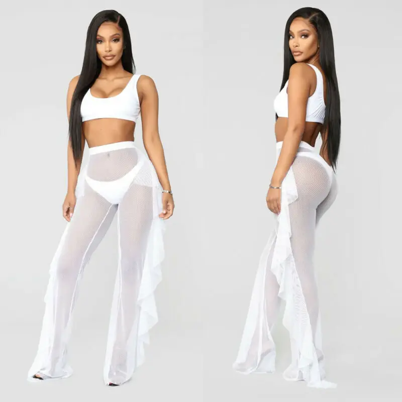 Women Full Length Wide Leg Trousers Party Mesh Sheer Ruffle Beach Cover Up Pants High Waist Flared Palazzo Boho | Женская одежда