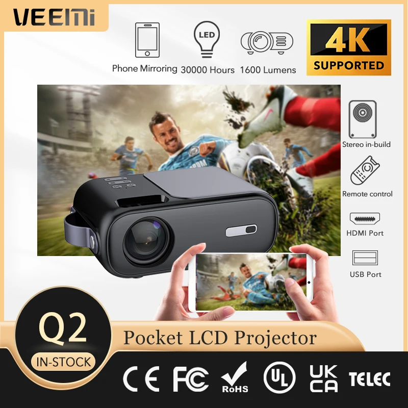 

Мини-проектор VEEMI Q2 с поддержкой Full HD 1080P, ЖК-дисплей, портативный, Wi-Fi, беспроводное зеркальное отображение, светодиодная комната, спальня, де...