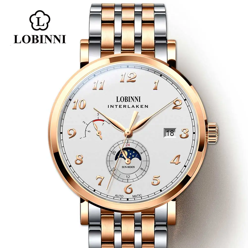 Lobinni автоматические мужские часы для мужчин s наручные Moon Phase Мужские