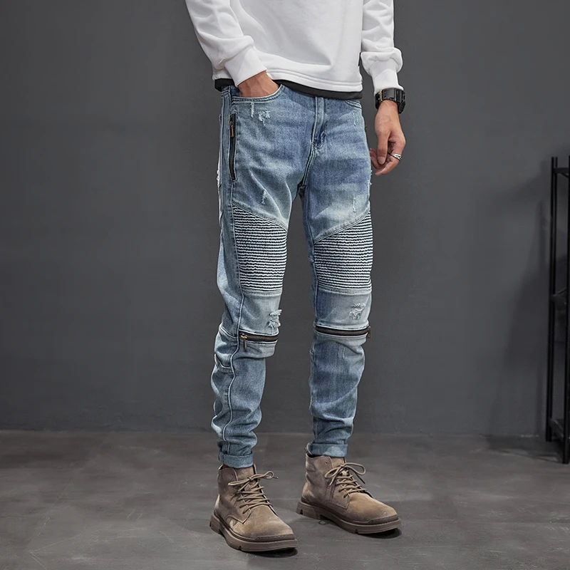 American Street Fashion Men Jeans Spliced Designer Retro Light Blue Elastic Slim Fit Ripped Biker Jeans Men Hip Hop Punk Pants