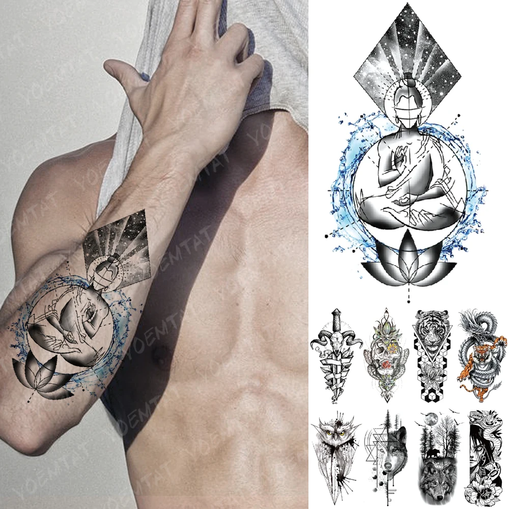 

Waterproof Temporary Tattoo Sticker Lotus Wisdom Ocean Buddha Shakyamuni Flash Tatto Wolf Lion Body Art Arm Fake Tatoo Women Men