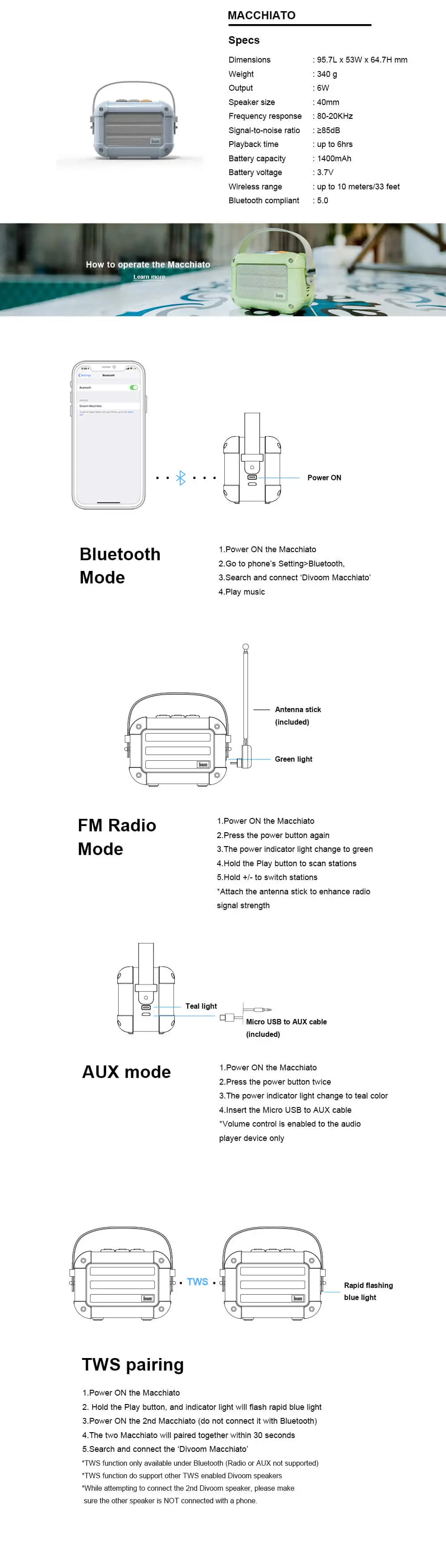 Divoom Macchiato Портативный беспроводной bluetooth динамик с fm-радио функция TWS Подарочная посылка Поддержка IOS и Android системы