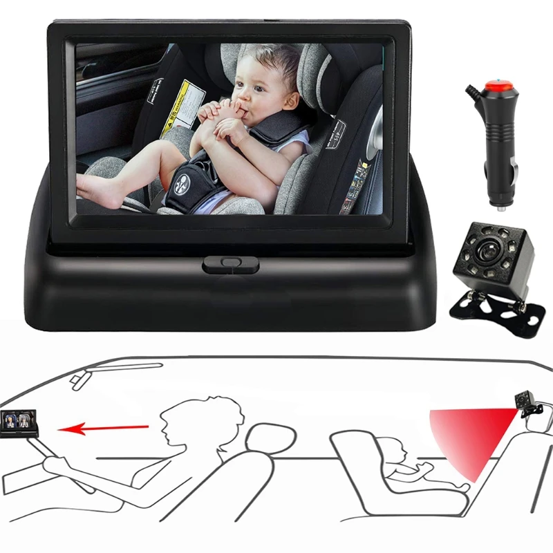 Espejo de asiento de coche para beb&eacute;, Monitor de asiento trasero de seguridad para ni&ntilde;os con visi&oacute;n nocturna-0