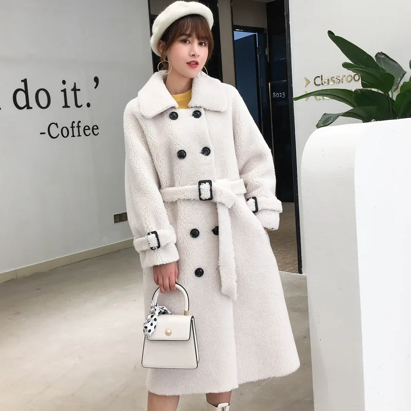 

Women's Medium Long Granular Cashmere Composite Fur Integrated Wool Faux Fur Coat New Winter Sheep Shearing Coat with Belt