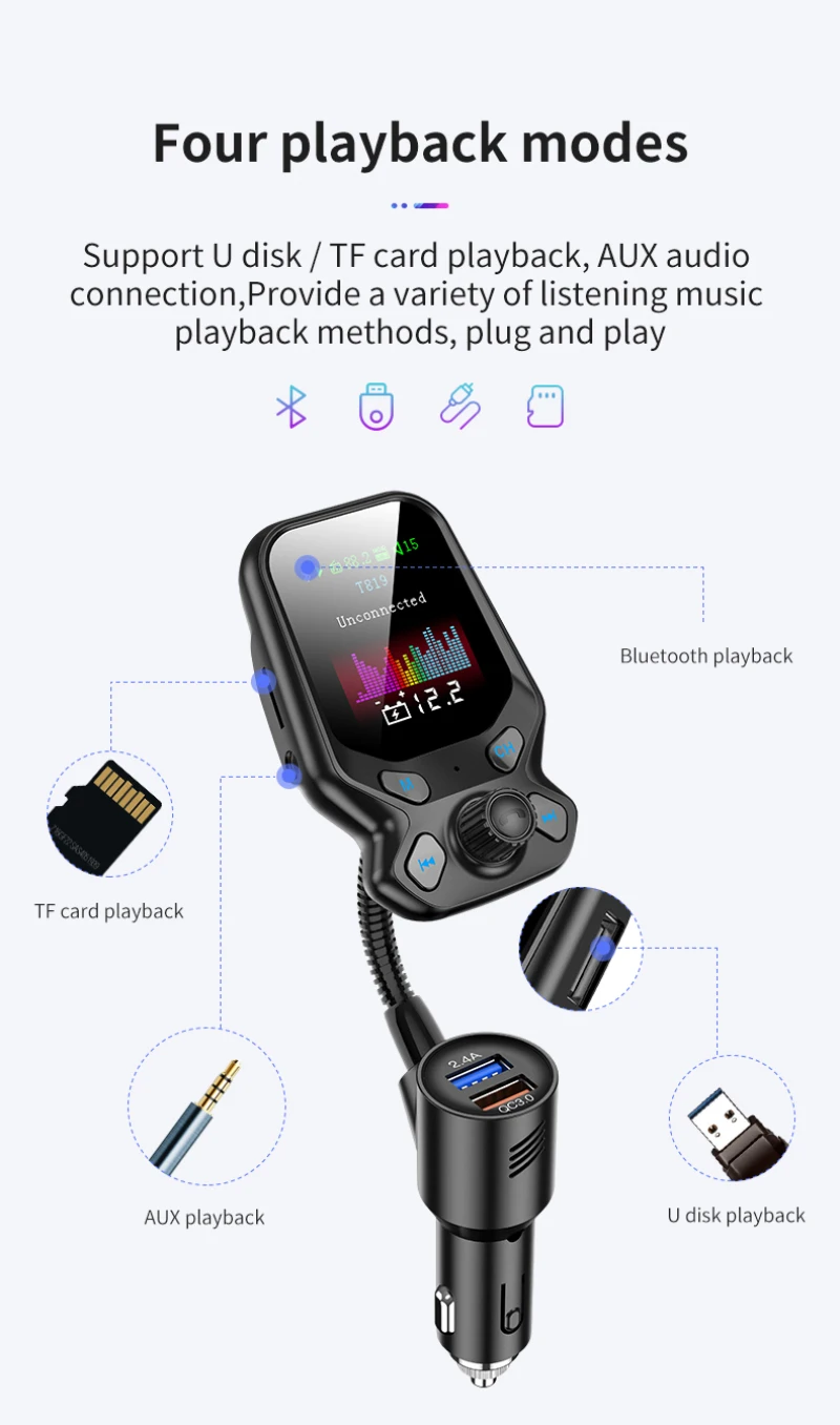 Автомобильный FM-трансмиттер T819 QC 3 0 с поддержкой Bluetooth 5 и слотом для TF-карты |