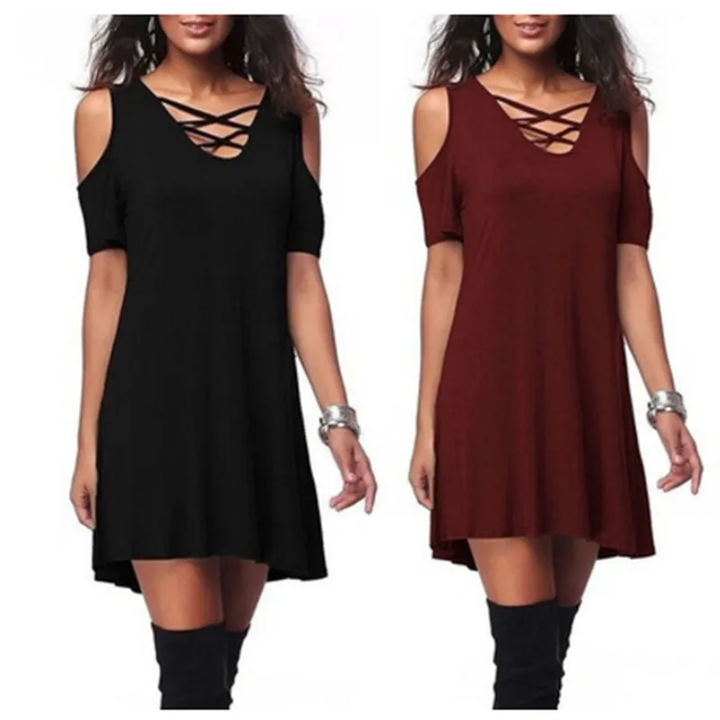 Женское мини-платье с открытыми плечами свободное платье-туника длинными