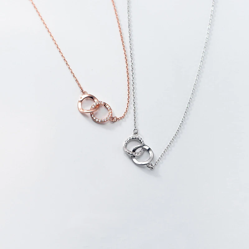 

100% Real 925 Sterling Silver Interlocking Circles Pendant Necklace Simple Geometric Necklace for Wqmen Girls Gifts