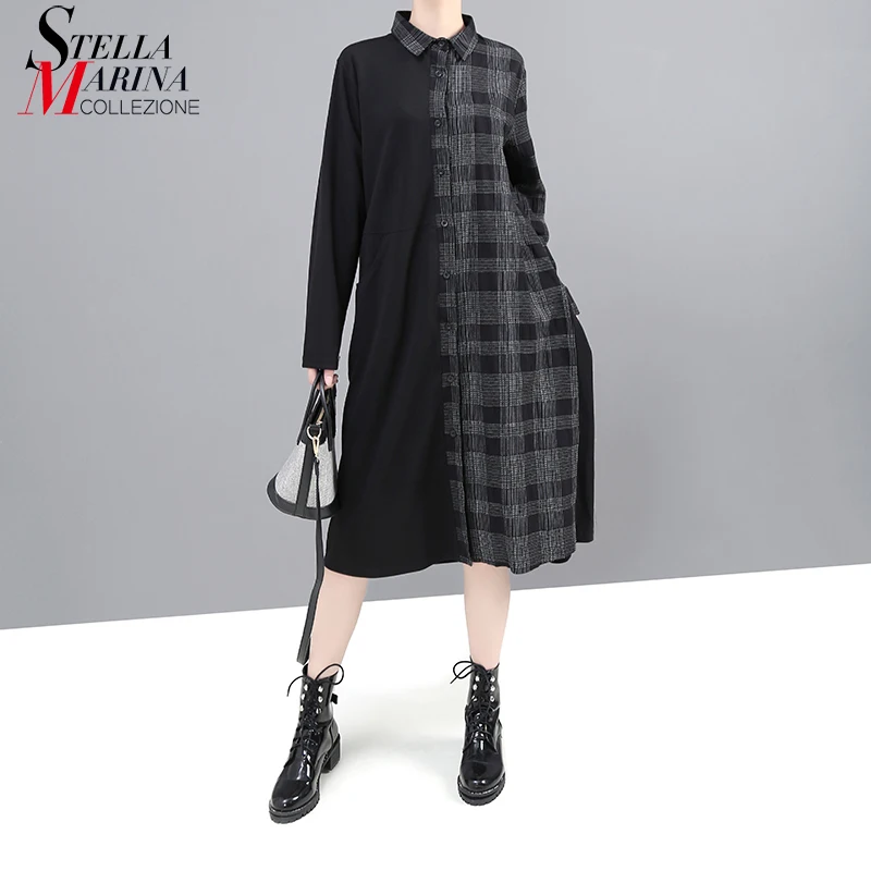 * Новинка 2019 Женское зимнее модное черное платье-рубашка с длинным рукавом и