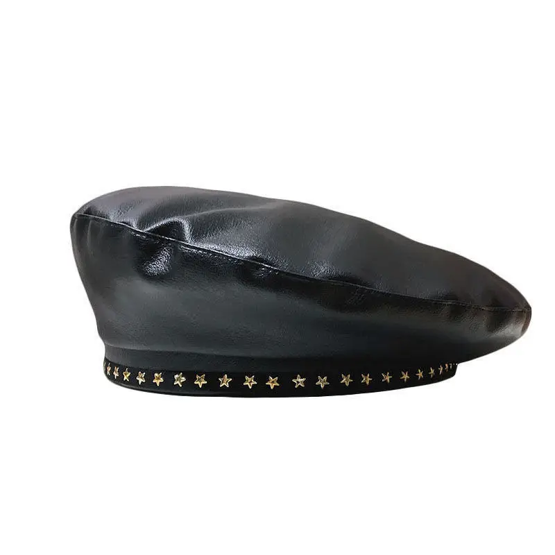 

MAGOGO PU Black Stars Berets Fashion New Korean Style Hat Women Chic College Sweet Cap British Vintage Octagonal Hat