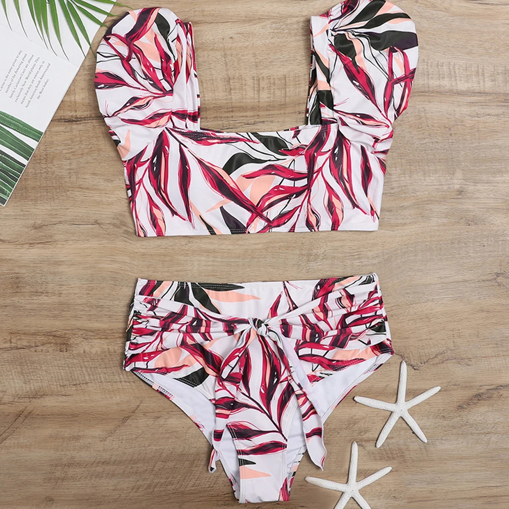 Бикини пуш-ап Бандо 2021 купальник с принтом высокой талией женский купальный