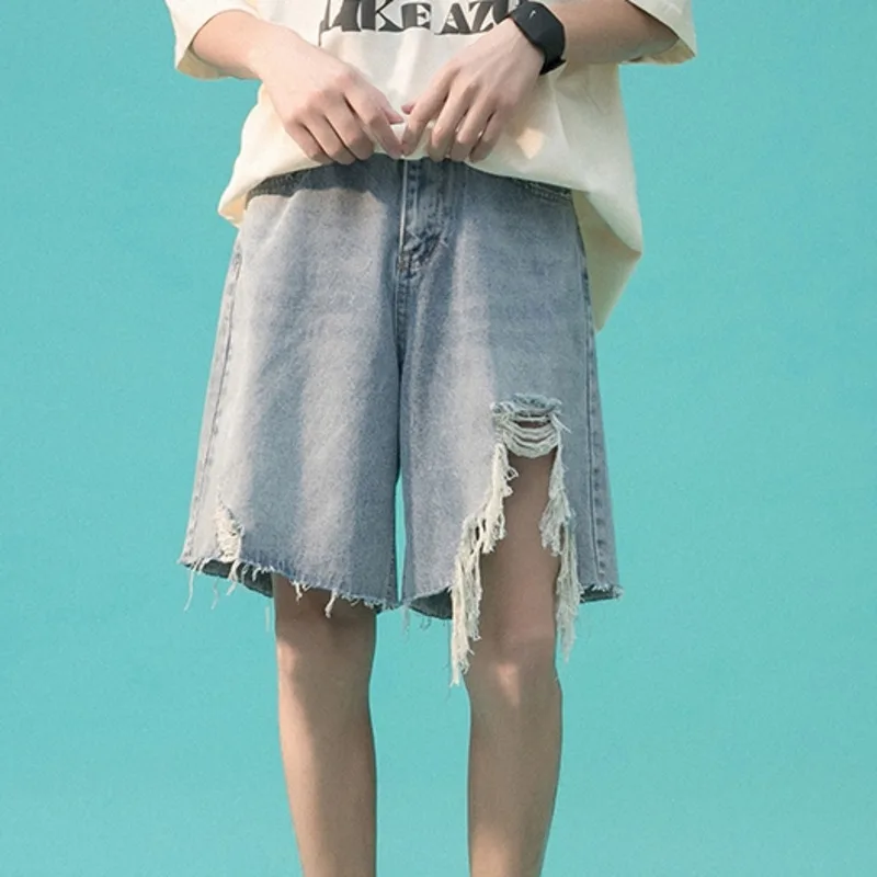 

Summer Ripped Denim Shorts Men's Fashion Retro Blue Casual Denim Shorts Men Streetwear Loose Hip-hop Hole Jeans Shorts Mens