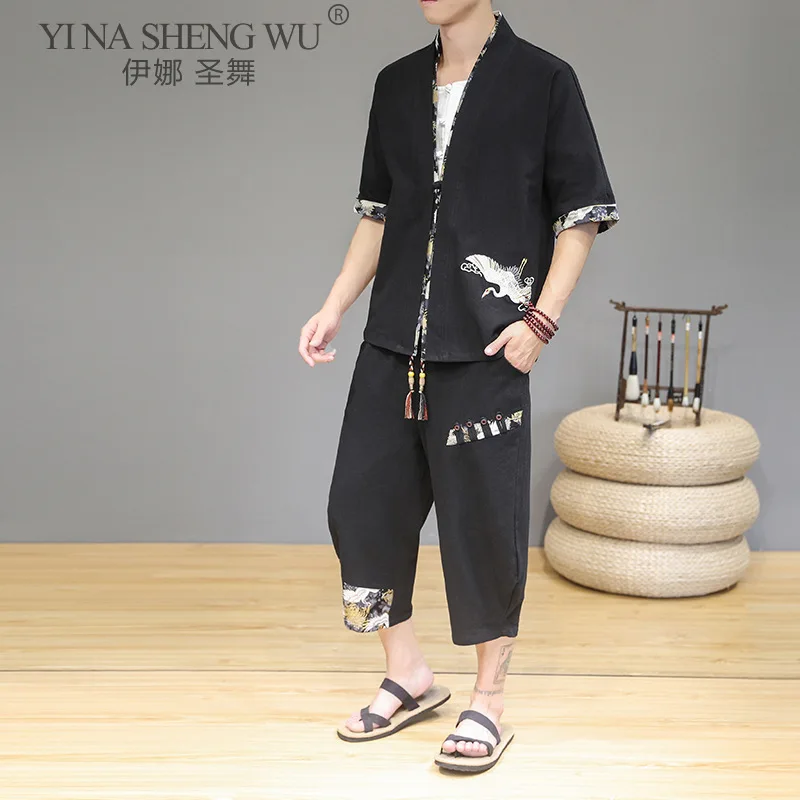 Japanese Style Kimono Suit Traditional Embroidery Men Clothing Jacket Male Pants Samurai Costume | Тематическая одежда и