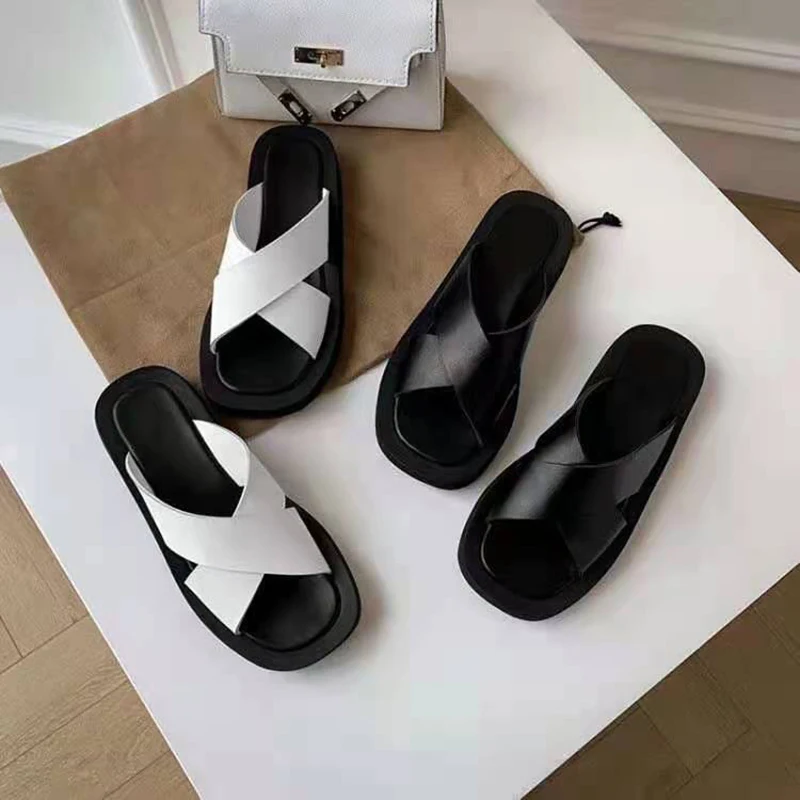 

Vallu 2021 summer new full leather crossover thick bottom increased casual light plain all-match women's slippers