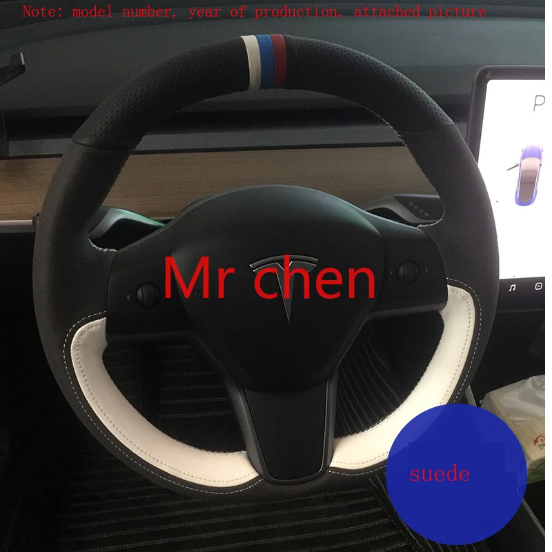 

DIY Leather hand sewn steering wheel cover suede for tesla Model 3 MODEL S MODEL X Automotive interior