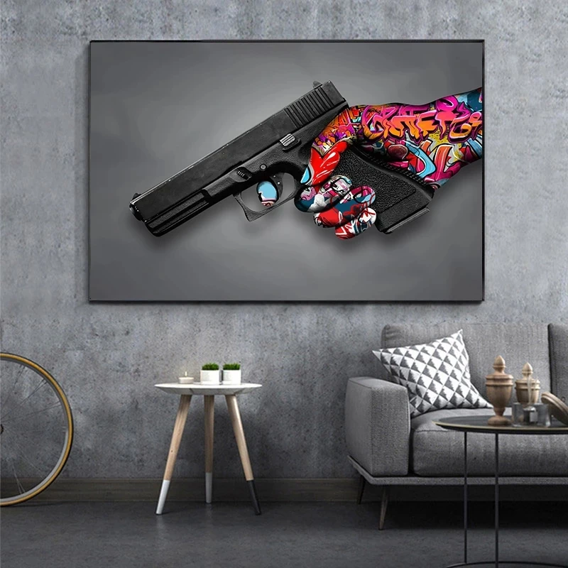 

Graffiti Street Art Abstract Pistol Canvas Painting Modern Home Decor Pop Poster Interior Indoor Decoration Mural(No Frame)