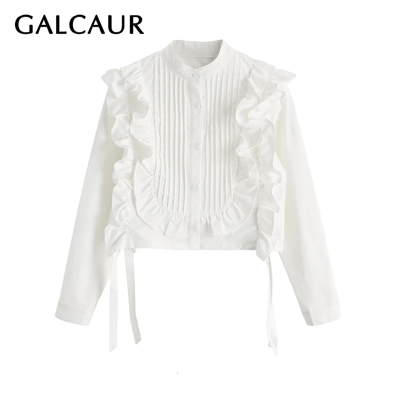 GALCAUR корейский элегантный женский топ рубашка с воротником-стойкой длинный рукав