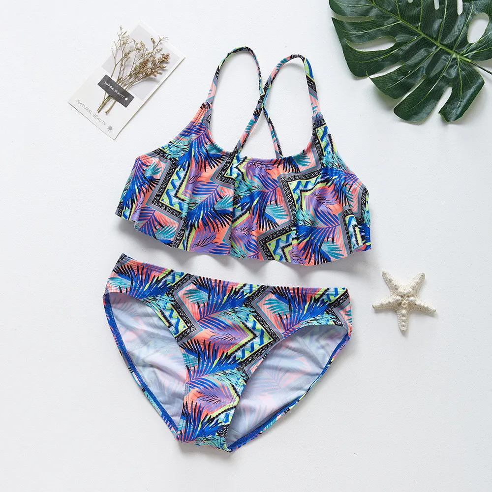 

Summer Girls Swimwear Sleeveless Leaf Print Tassel Beach Split Swimsuit Bathing Suit Bikini Set 2pc Set High Quality