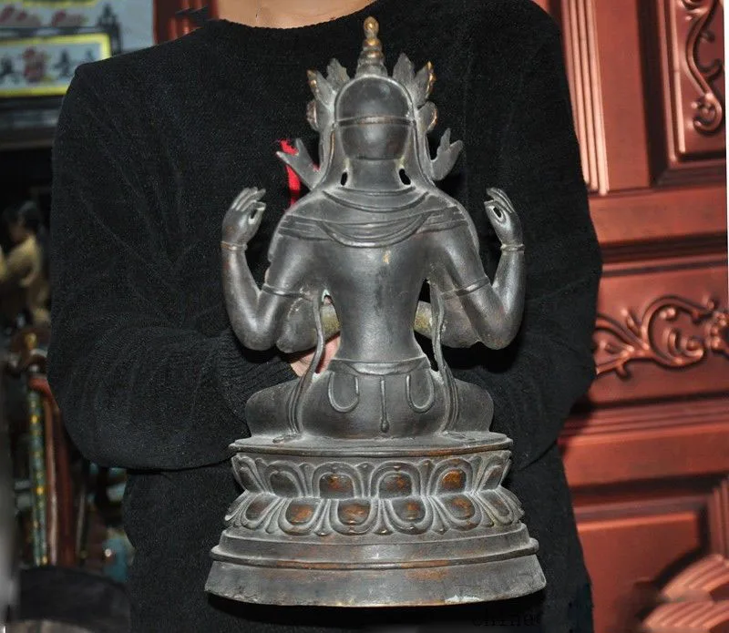 

christmas 12"Tibet Buddhism purple copper 4 Arms Chenrezig kwan-yin Goddess Buddha Statue New Year