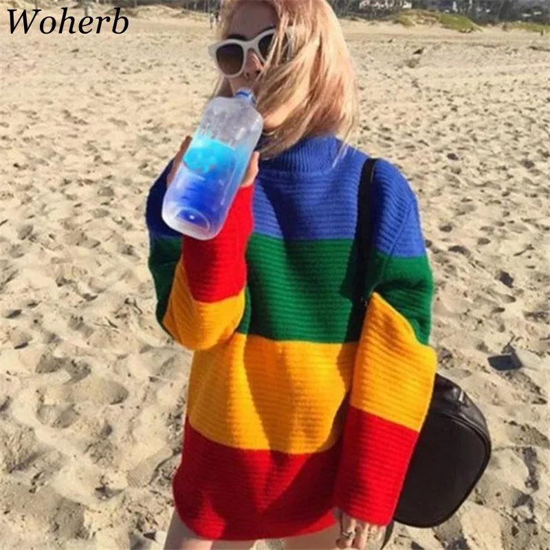Уличная одежда Woherb в стиле Харадзюку осень 2021 Радужный свитер женские свободные