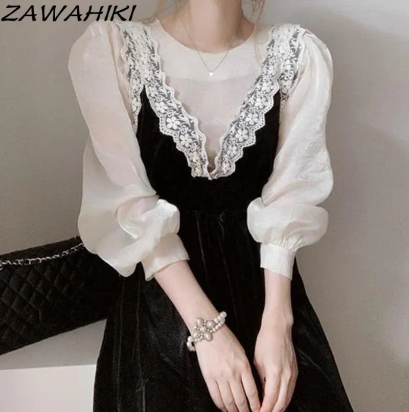 

ZAWAHIKI Set for Female Korean Round Neck Puff Long Sleeve Bottoming Shirt Lace High Waist Suspender Dress Fashion Elegant Suits