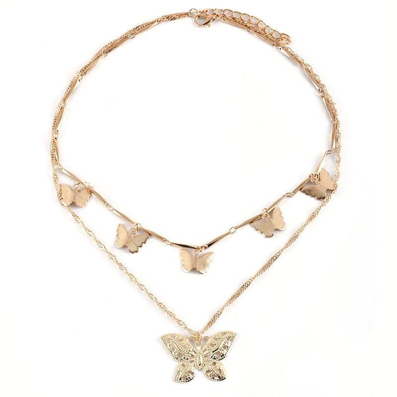 Женское Двухслойное ожерелье с подвеской бабочкой золотистого цвета эффектное