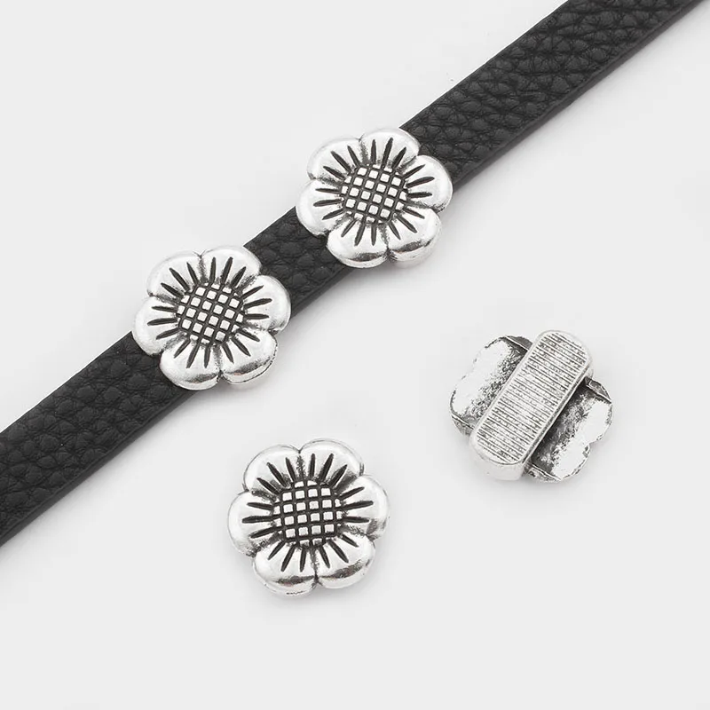 

10Pcs Tibetan Silver Sun Flower Beads Slide Spacer For 10*2mm Flat Leather Necklace Bracelet Jewellry Findings Making