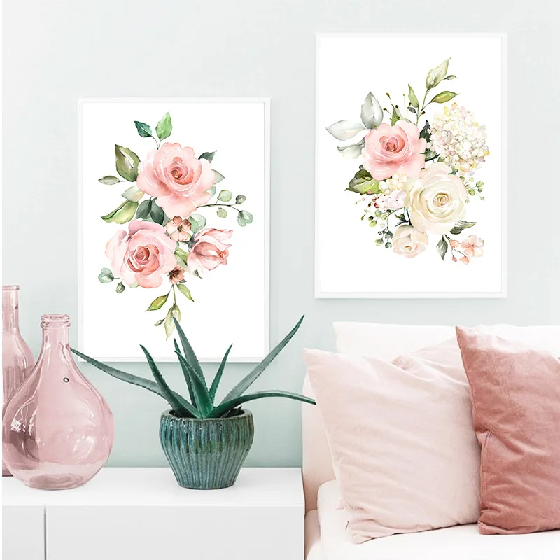 Картина на холсте с румянами розовыми и мятными цветами художественные