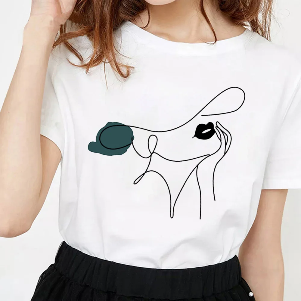 

New Fashion Women T Shirt Line Face Print Tops Tee Ladies Short Sleeve Harajuku 90s White T-shirt Graphic Female Tshirt 2021