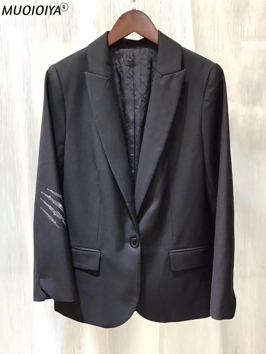

Single Button Suit Coat Women Notched Back Rhinestone 2021 New Office Lady Blazer