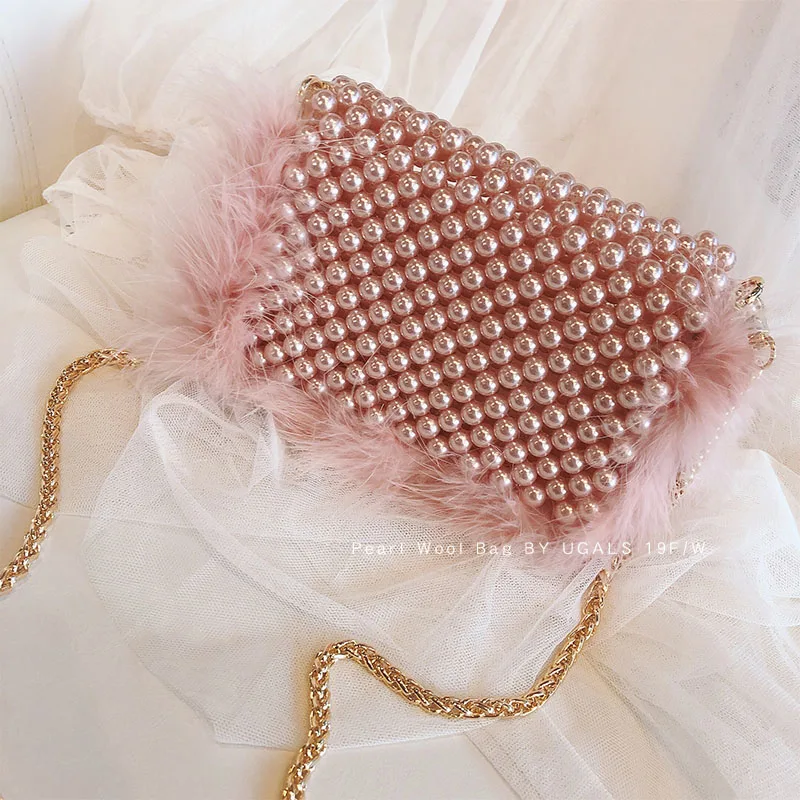 

NEW Winter Feather Brand Hand-woven Pearl Bag Lady Beaded Shoulder Bag Women Party Handbag Crossbody Composite Bags
