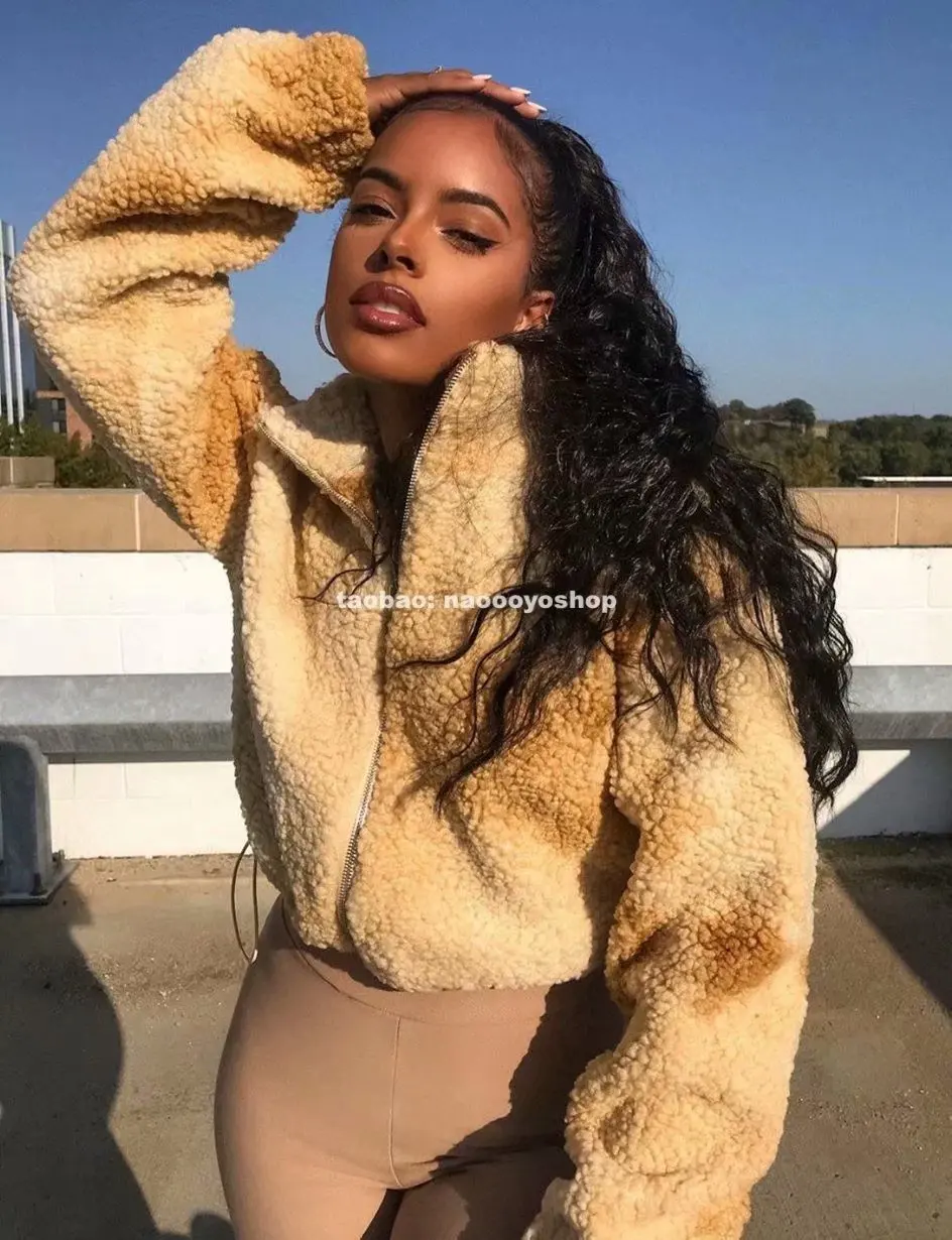 

2020 Winter Women Lambswool Coat Stand Neck Long Sleeve Jacket Zipper Cardigan Wool Crop Top Clothing