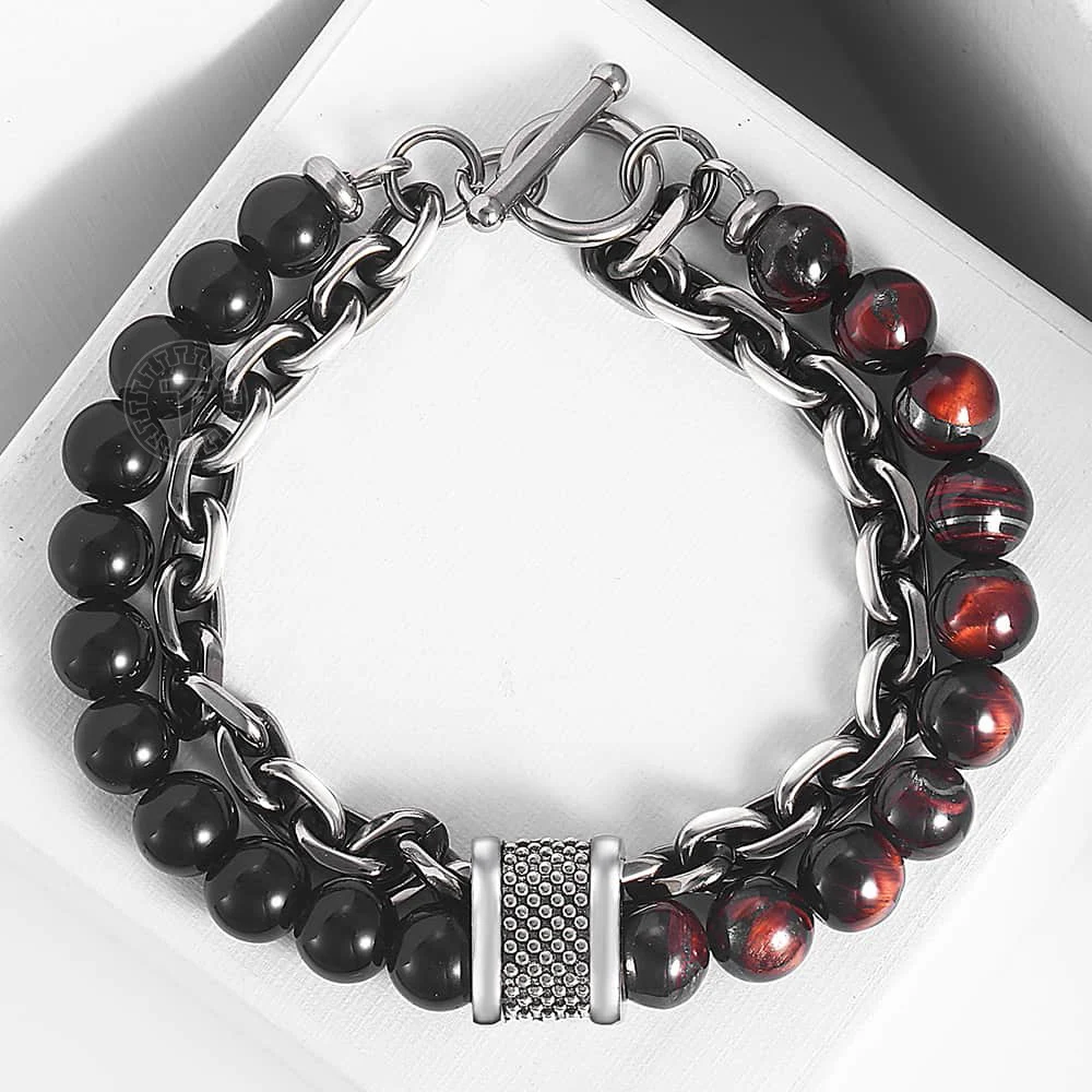 Davieslee Mens Bracelet Red Tiger Eye Stone Beaded Black Glass Beads Gunmetal Stainless Steel Charm Jewelry DDB196 | Украшения и
