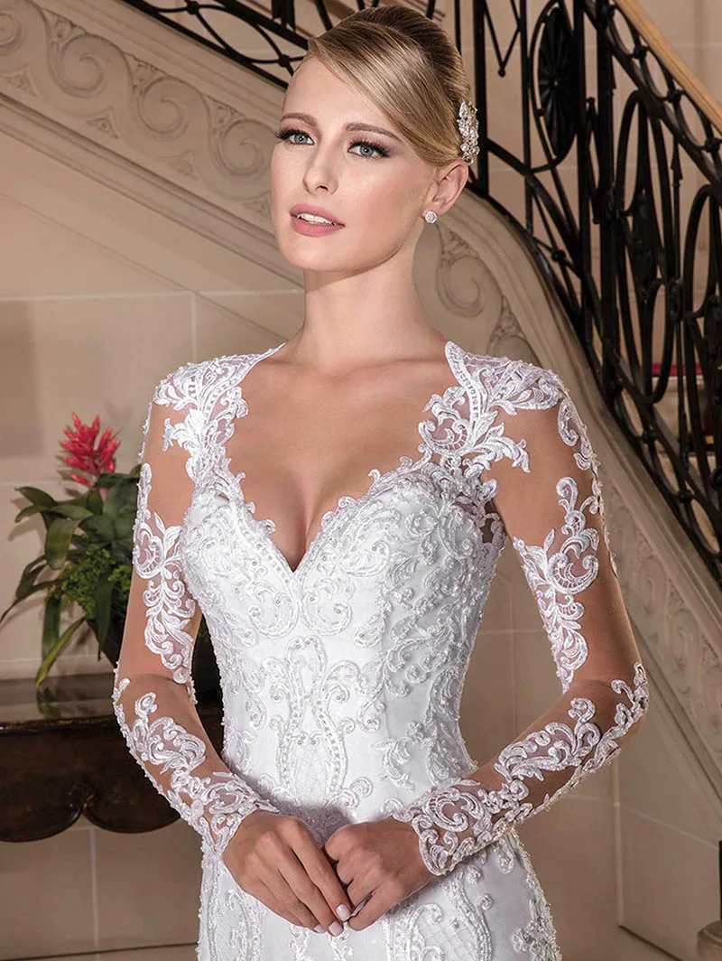White Color Skin Net Vestido de Noiva сексуальное кружевное свадебное платье с длинным рукавом, китайские свадебные платья, винтажное богемное свадебное платье русалки Casamento - Цвет: White Color Skin Net
