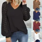 Модная кружевная блузка с рукавами, рубашка, трикотажные топы с V-образным вырезом, футболка, повседневные женские осенне-зимние женские блузы с длинным рукавом, пуловер
