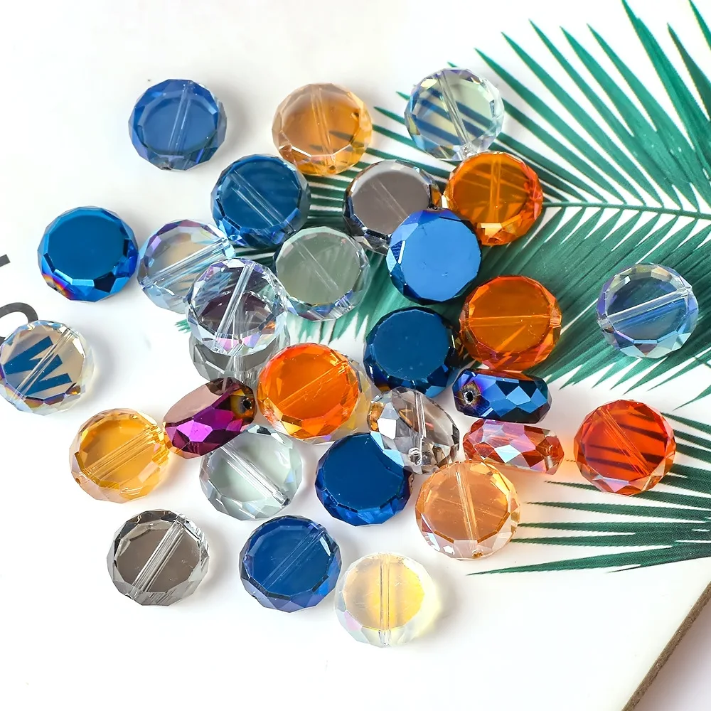 

12mm 14mm Flat Round Crystal Glass Faceted Loose Beads For Jewelry Making DIY Crafts Findings
