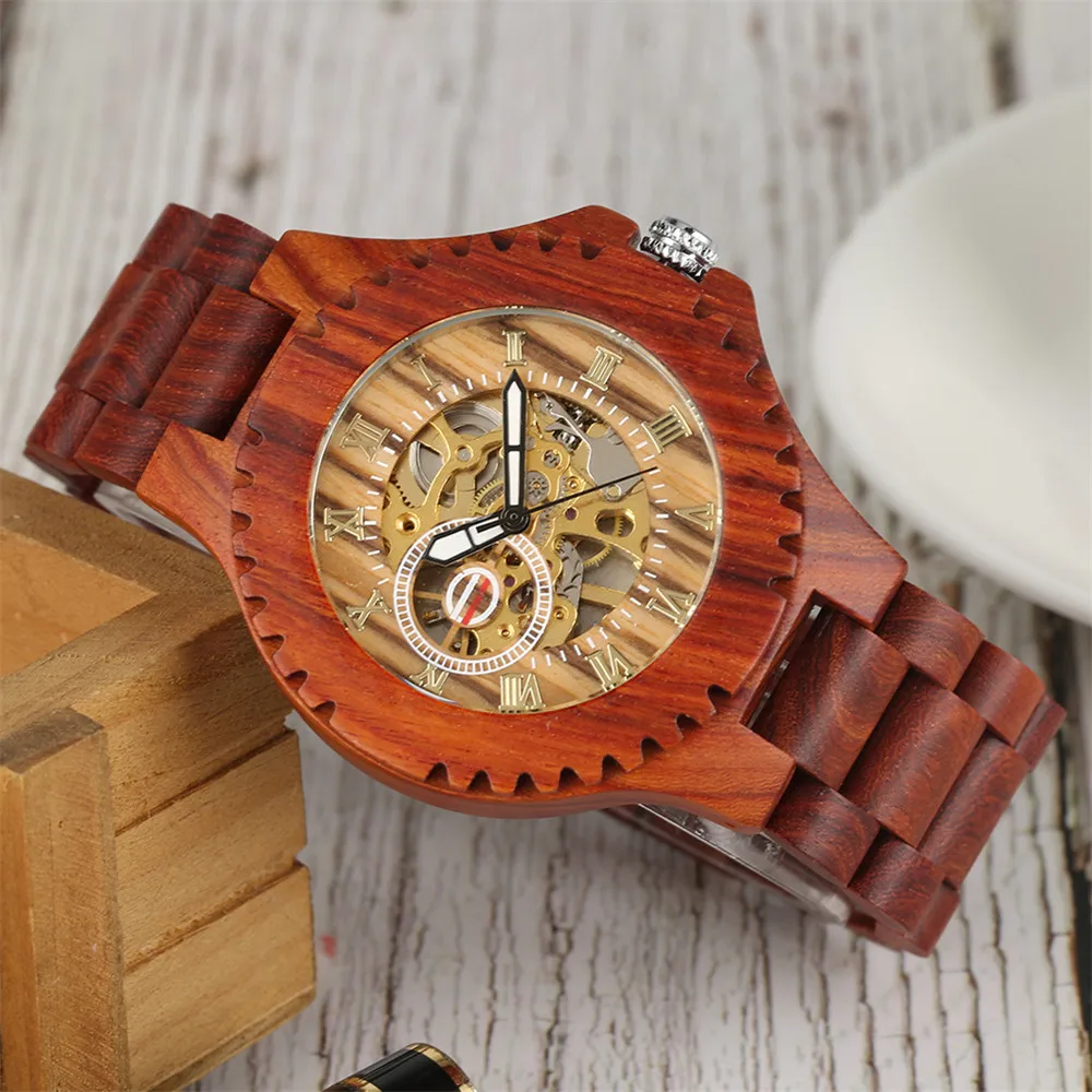 

Red Wood Automatic Mechanical Watch Men Roman Numerals Display Self Winding Natural Wooden Bangle Wrist Watches Male reloj