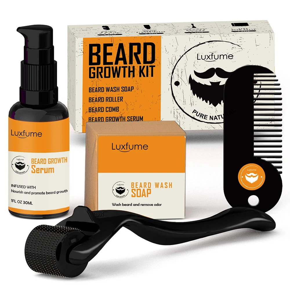 

Men Beard Growth Kit Hair Growth Enhancer Essence Oil Nourishing Balm Conditioner with Comb Roller Facial Care 4 Pieces