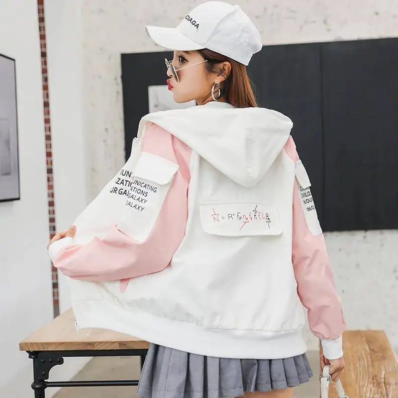 Весенняя Корейская версия, Harajuku, негабаритная куртка, женская верхняя одежда, лоскутное пальто, хип-хоп Уличная одежда, свободные куртки с капюшоном, толстовки