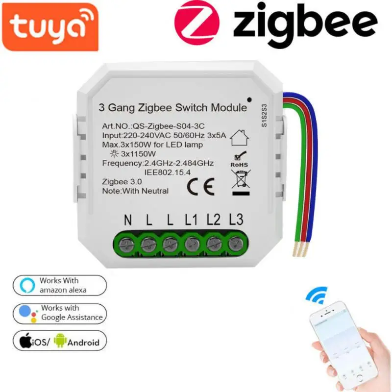 

Умный мини-выключатель Tuya Zigbee, переключатель с 3-сторонним голосовым управлением, работает с Alexa Google Home