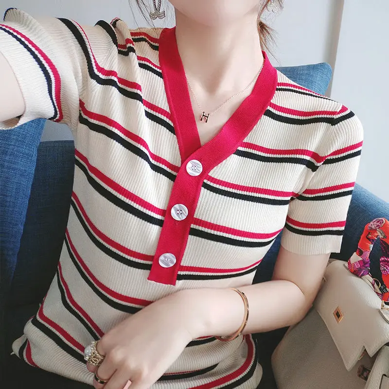 

Striped short sleeve T-shirt women's thin ice silk T-shirt with base coat