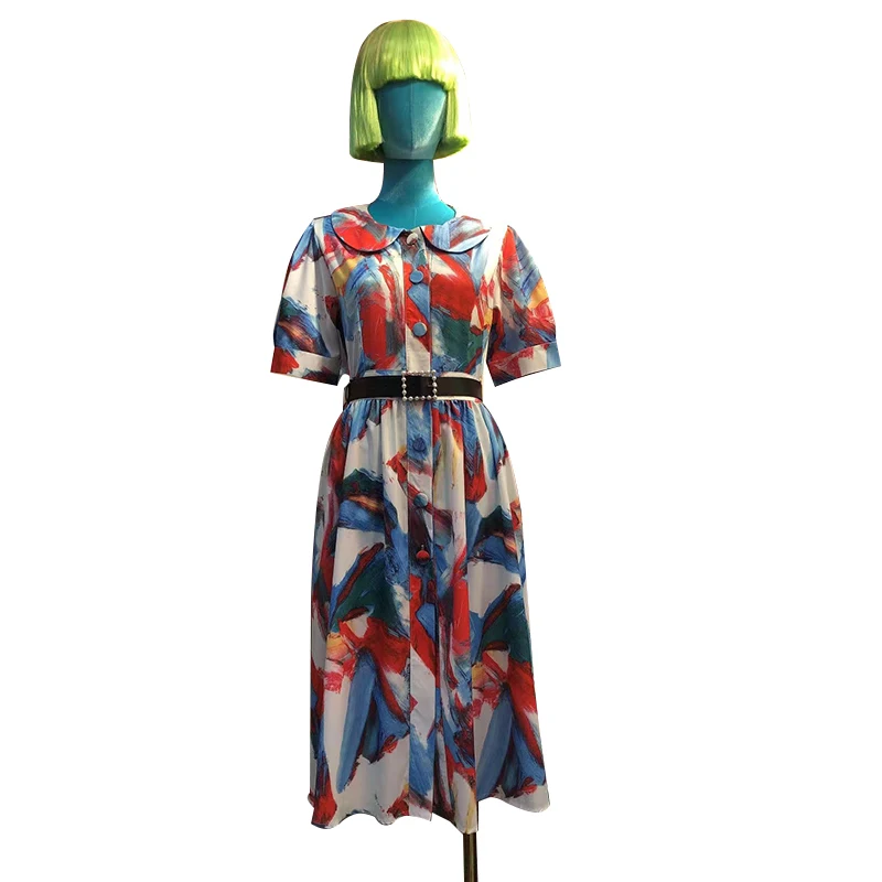 

GALCAUR Print Vintage Dress For Women O Neck Short Sleeve High Waist Mid Hit Color Sashes Dresses Female Summer Clothes 2021 New