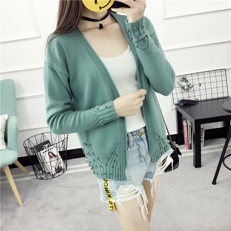 

Новинка 2020, осенний свитер с v-образным вырезом, однотонный кардиган, модный, свободный, с бисером, женский, маленький, шаль, куртка для женщин...