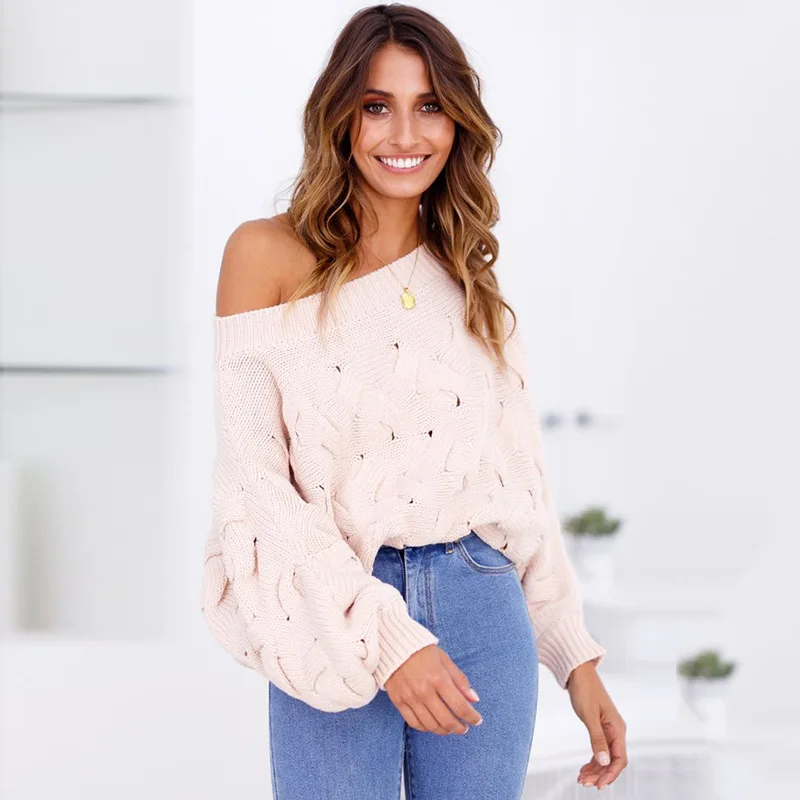 

Womens Slash Nek Knitted Sweaters Autumn Winter Twill Loose Sexy Jumper Pullover Sweater Solid Colors Femme Pullovers D562