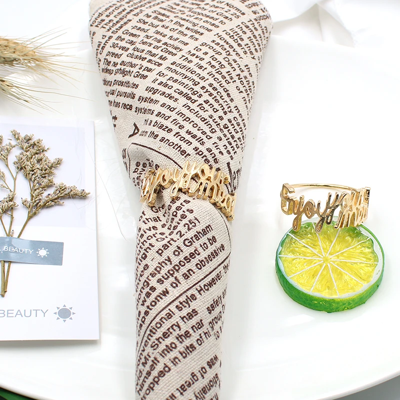 

2pcs/Lot Enjoy Your Meal Table Napkin Ring Metal Serving Kitchen Napkin Holder for Golden Napkin Table Decorative