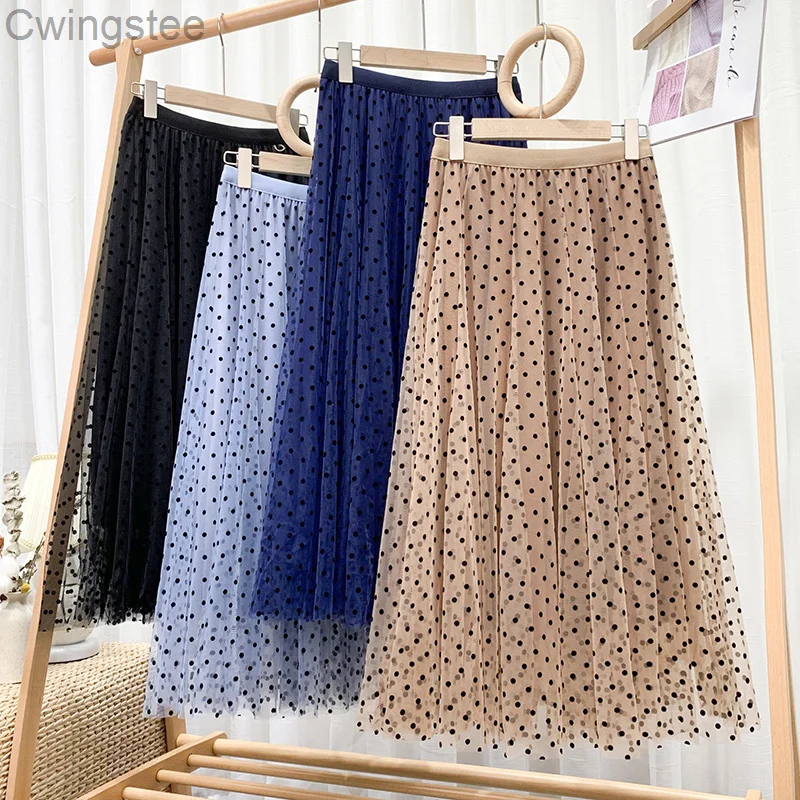 

Skirts Womens Summer Casual Elastic High Waist Mesh Midi Skirt Spring Woman Skirts Elegant Flocking Polka Dot Skirt