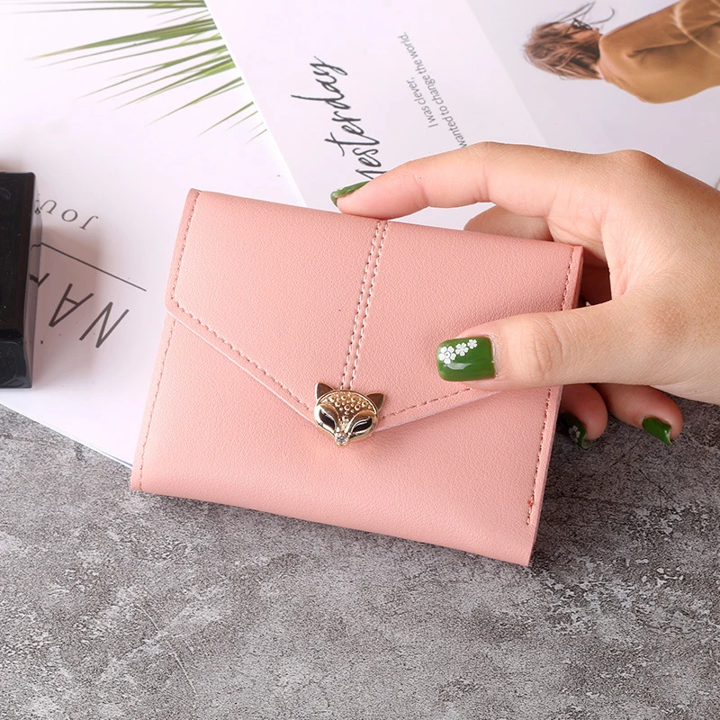 Женский короткий однотонный кошелек женский кожаный с металлической лисьей