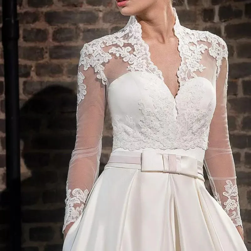 White Ivory Lace Applique V-Neck Bridal Bolero with Long Sleeves - Custom Wedding Accessories image 3