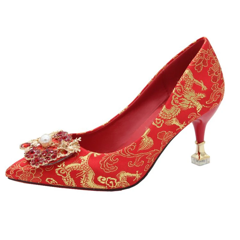 

Ethnic Style Peony Embroidered Wedding Women's Shoes Shallow Mouth Pearl Decoration Red High-Heel Wedding Shoes Thick heel