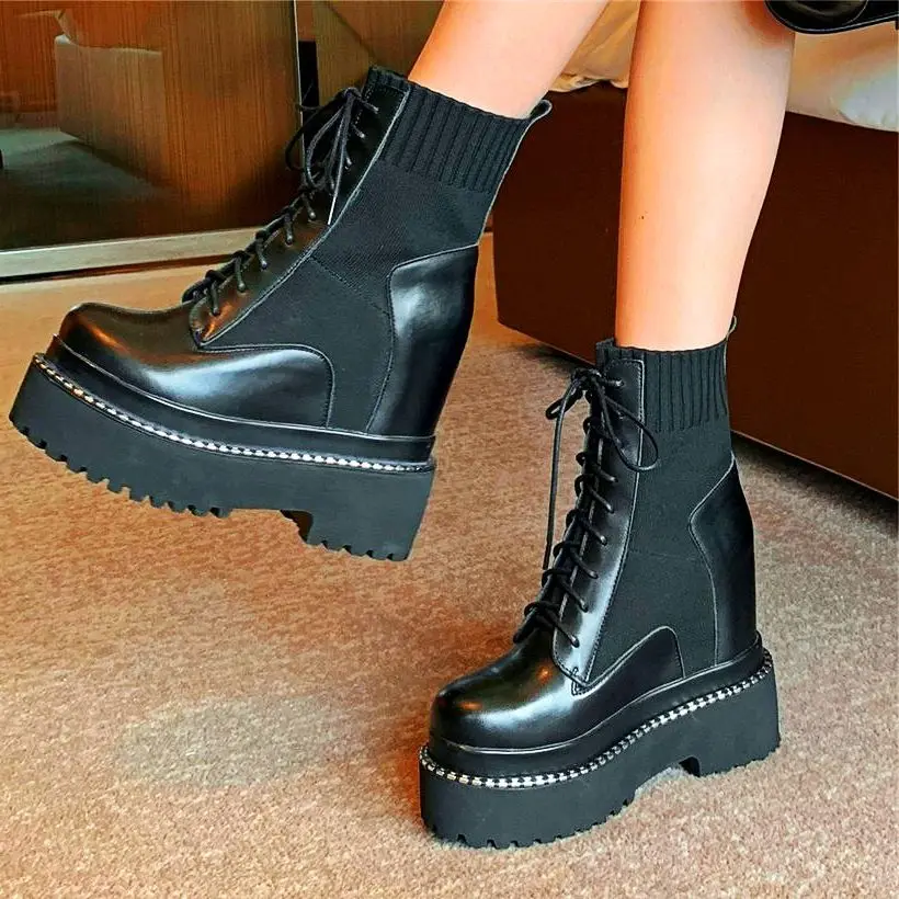 

Platform Pumps Women's Genuine Leather Ankle Boots Wedge High Heels Punk Goth Oxfords Creepers Lace Up Shoes 35 36 37 38 39