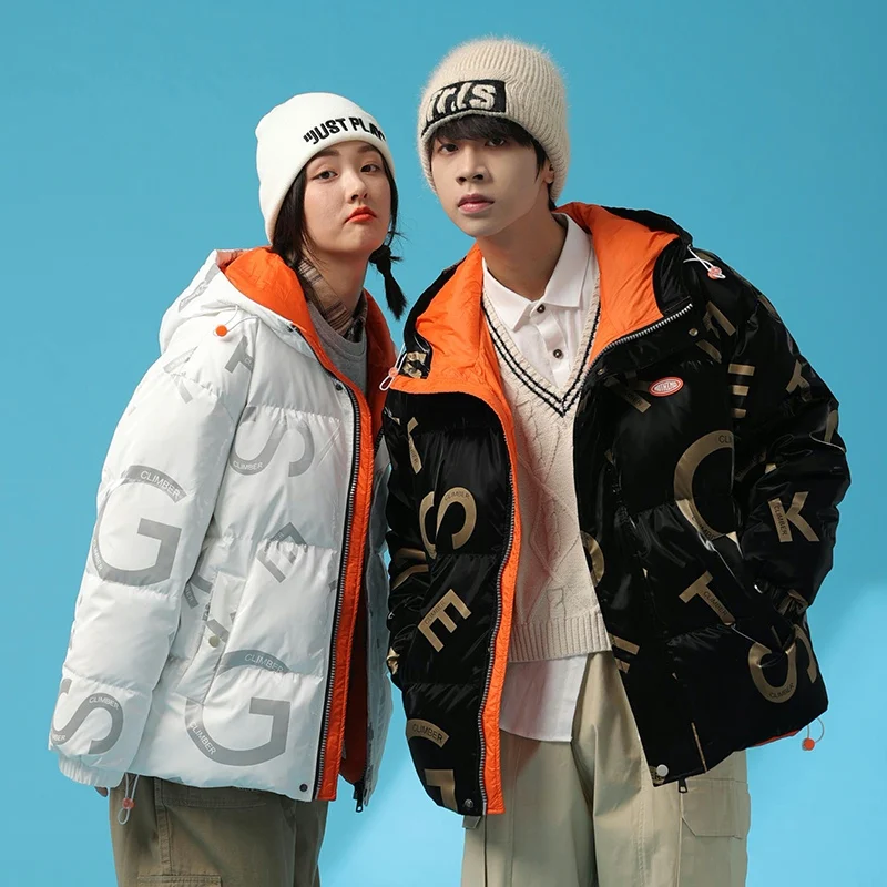 

Мужская куртка-пуховик с золотым буквенным принтом, зимняя модная трендовая одежда для пары, Женское пальто с капюшоном на утином пуху, Повс...